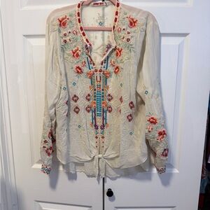 Johnny Was Cream Floral Embroidered Blouse Large